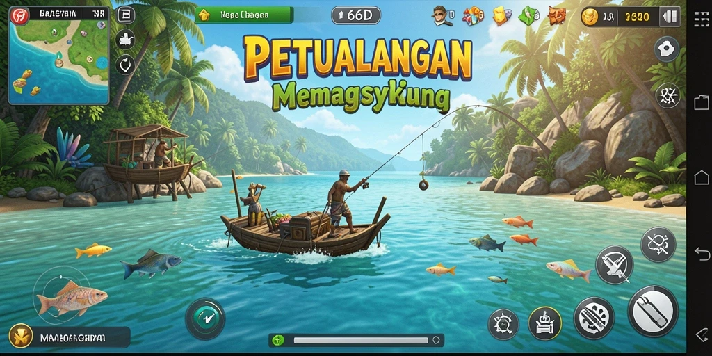 Tampilan gameplay 66D yang menampilkan keseruan memancing ikan.