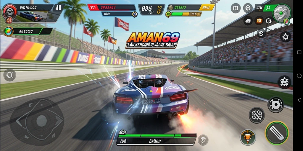 Screenshot permainan AMAN69 menampilkan aksi balap yang intens.
