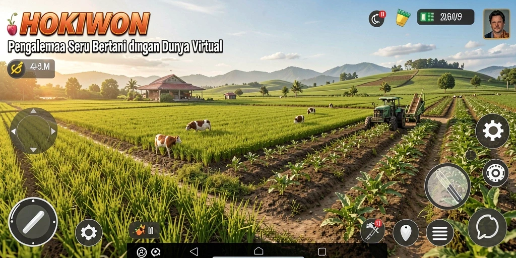 Screenshot gameplay HOKIWON menunjukkan aktivitas seru bertani.
