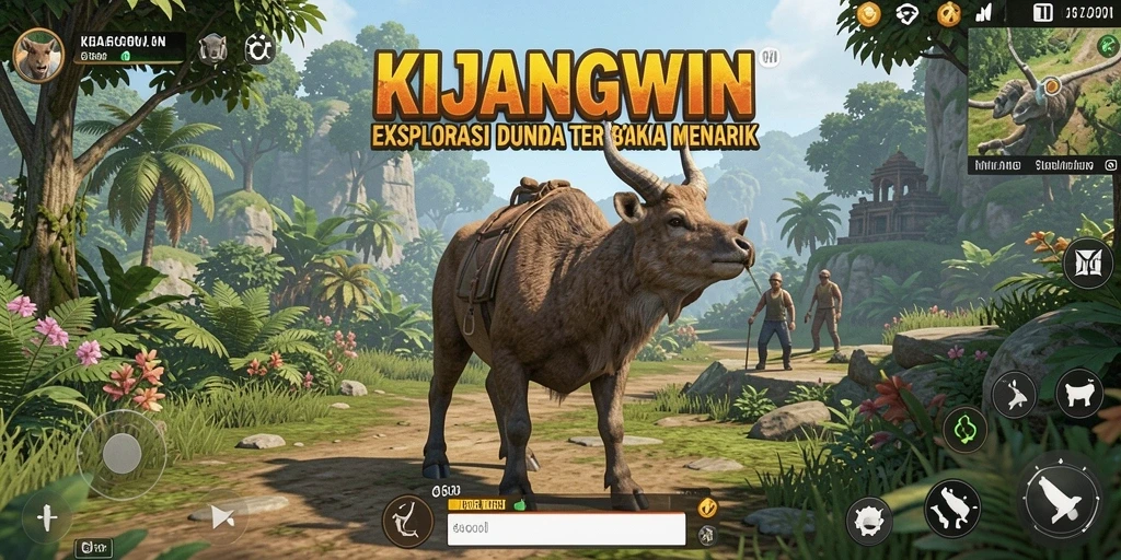 Screenshot menunjukkan aksi eksplorasi di KIJANGWIN dengan dunia terbuka yang luas.