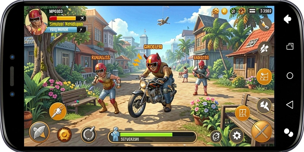 Screenshot MPO303 menampilkan karakter dalam lingkungan simulasi yang hidup.