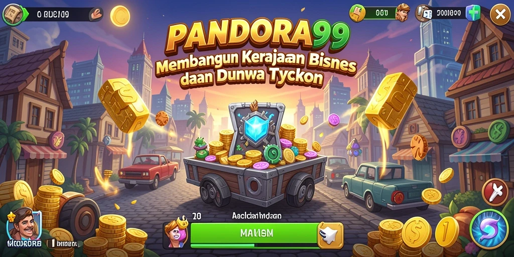 Screenshot gameplay PANDORA99 yang menunjukkan pembangunan kerajaan bisnis.