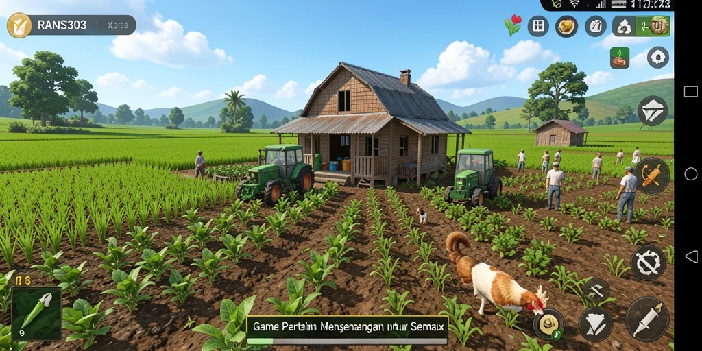 Screenshot RANS303 menampilkan seorang pemain tengah merawat tanaman di ladang virtual.