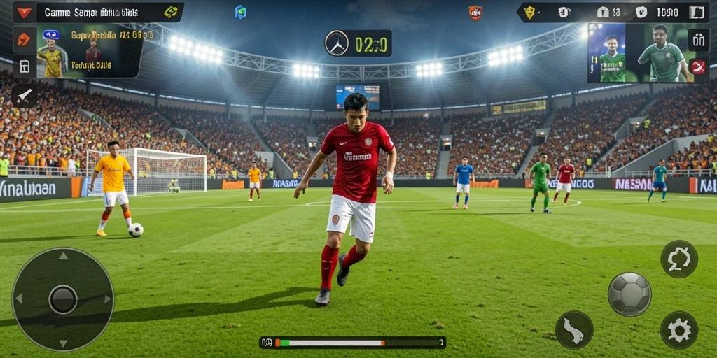 Tampilan gameplay V21 yang menggambarkan aksi sepak bola yang mendebarkan.