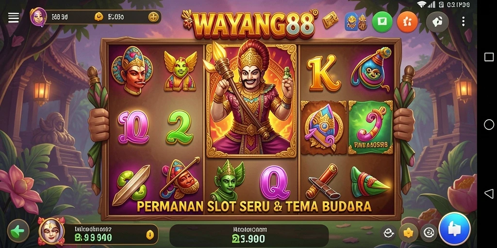 Screenshot permainan WAYANG88 menampilkan slot dengan tema budaya yang menarik.