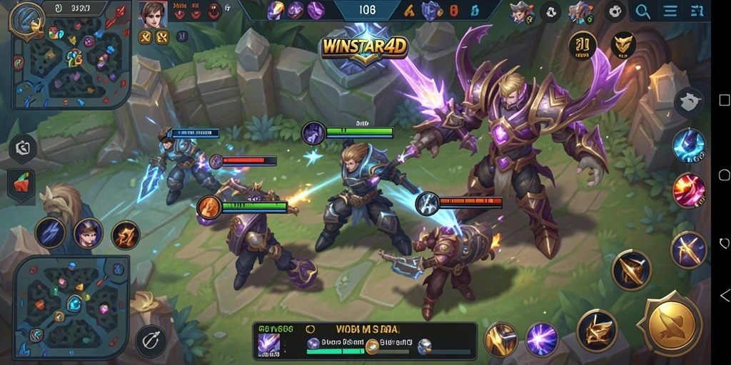 Tangkapan layar dari gameplay seru WINSTAR4D yang menunjukkan pertarungan tim MOBA.